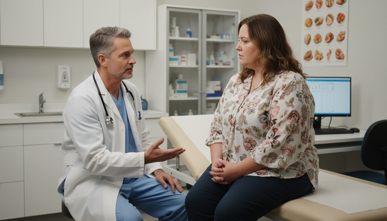 Doctor talking with a female patient in an exam room.